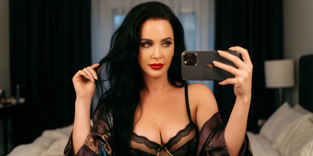 Sultry boudoir photography Katy Perry looking at iPhone.. Silks, elegant lingerie, seductive