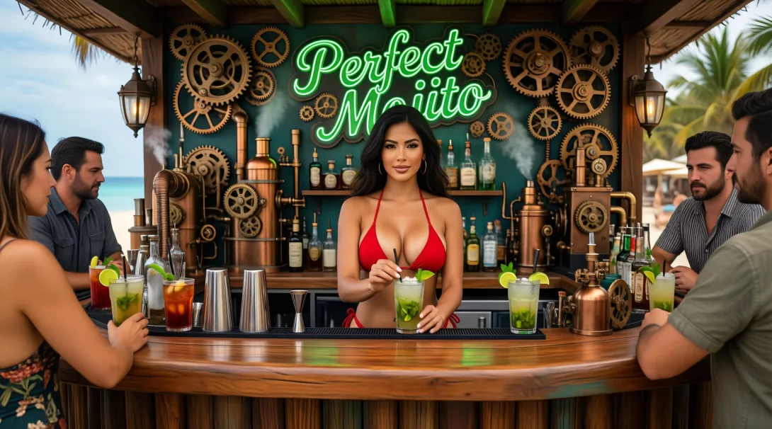 Steampunk, a very detailed photo of a wooden beach bar called Perfect