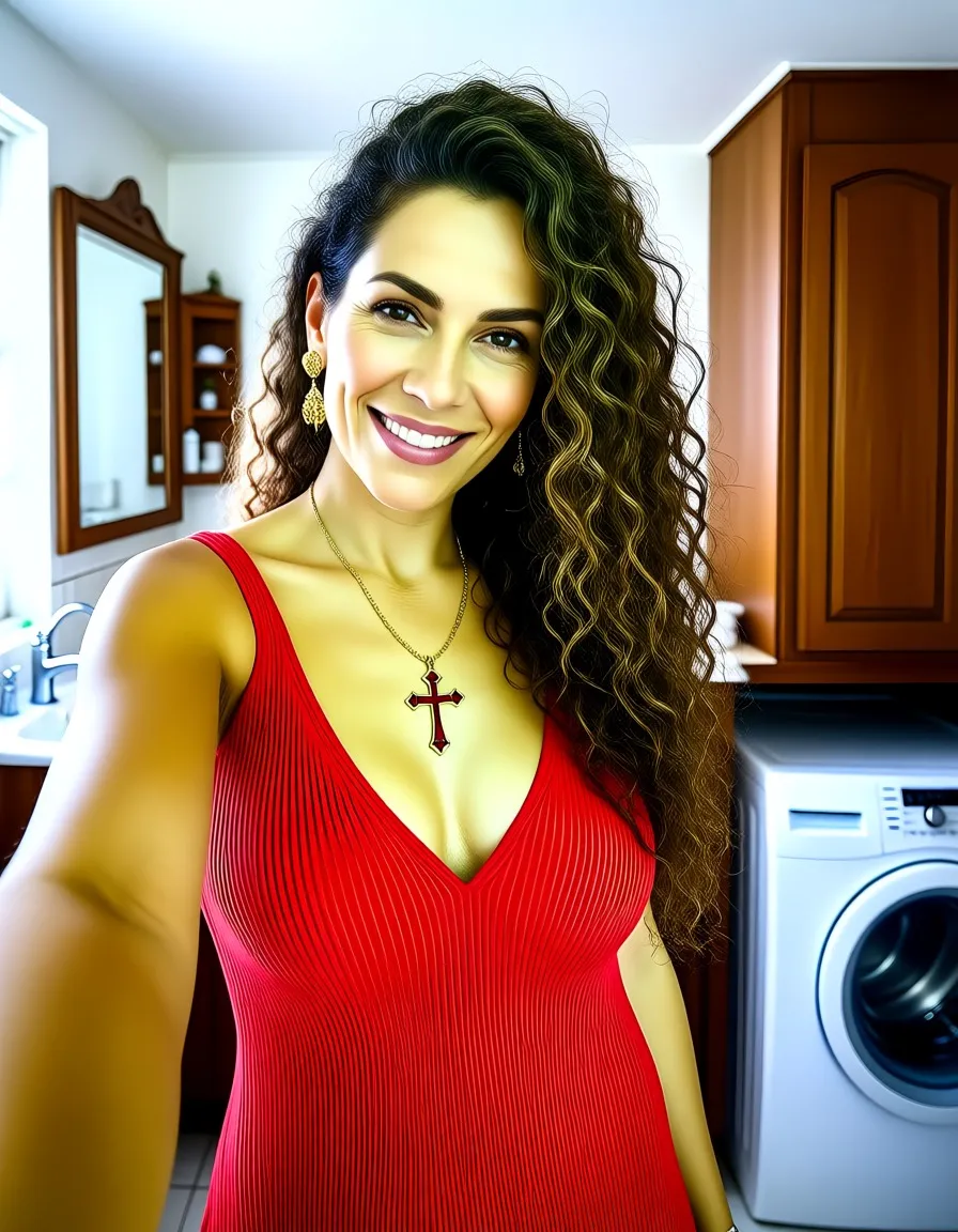 HDR photo of Topics: "red tank dress, long curly hair, gold cross