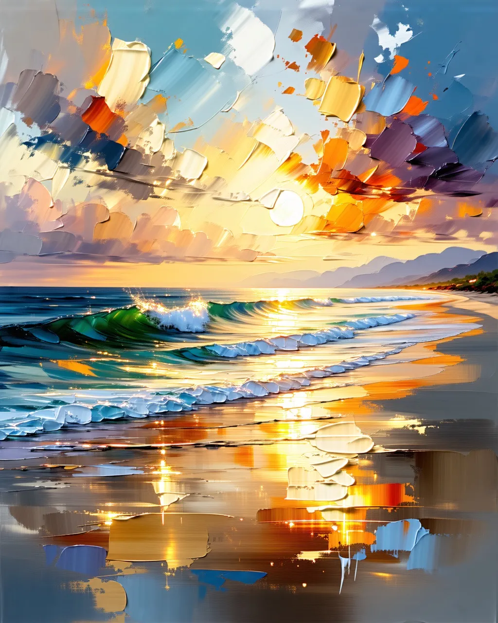 Impressionist oil painting of a beach at sunset with a narrow aspect