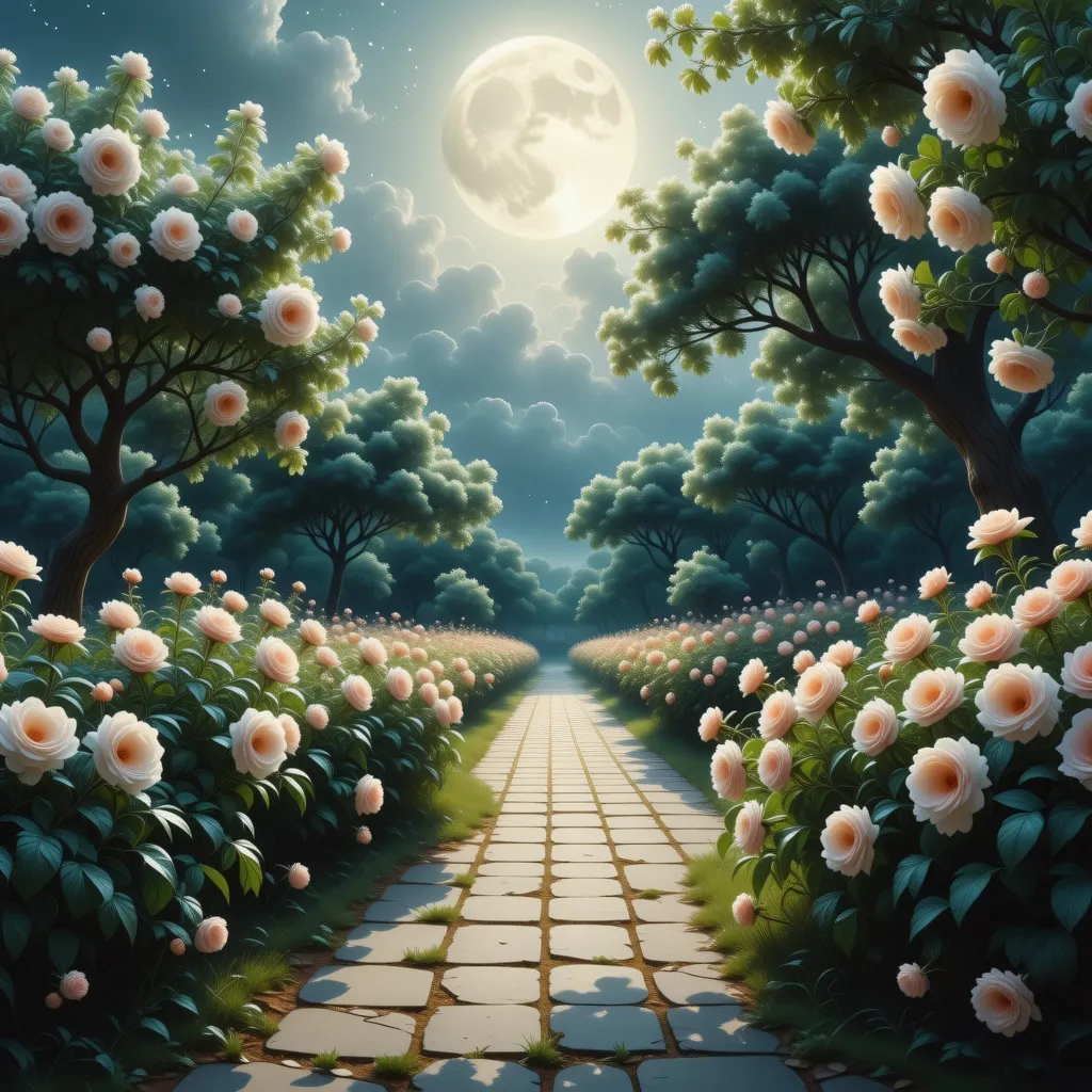 A 3D rendering of a garden blooming with flowers under the moonlight
