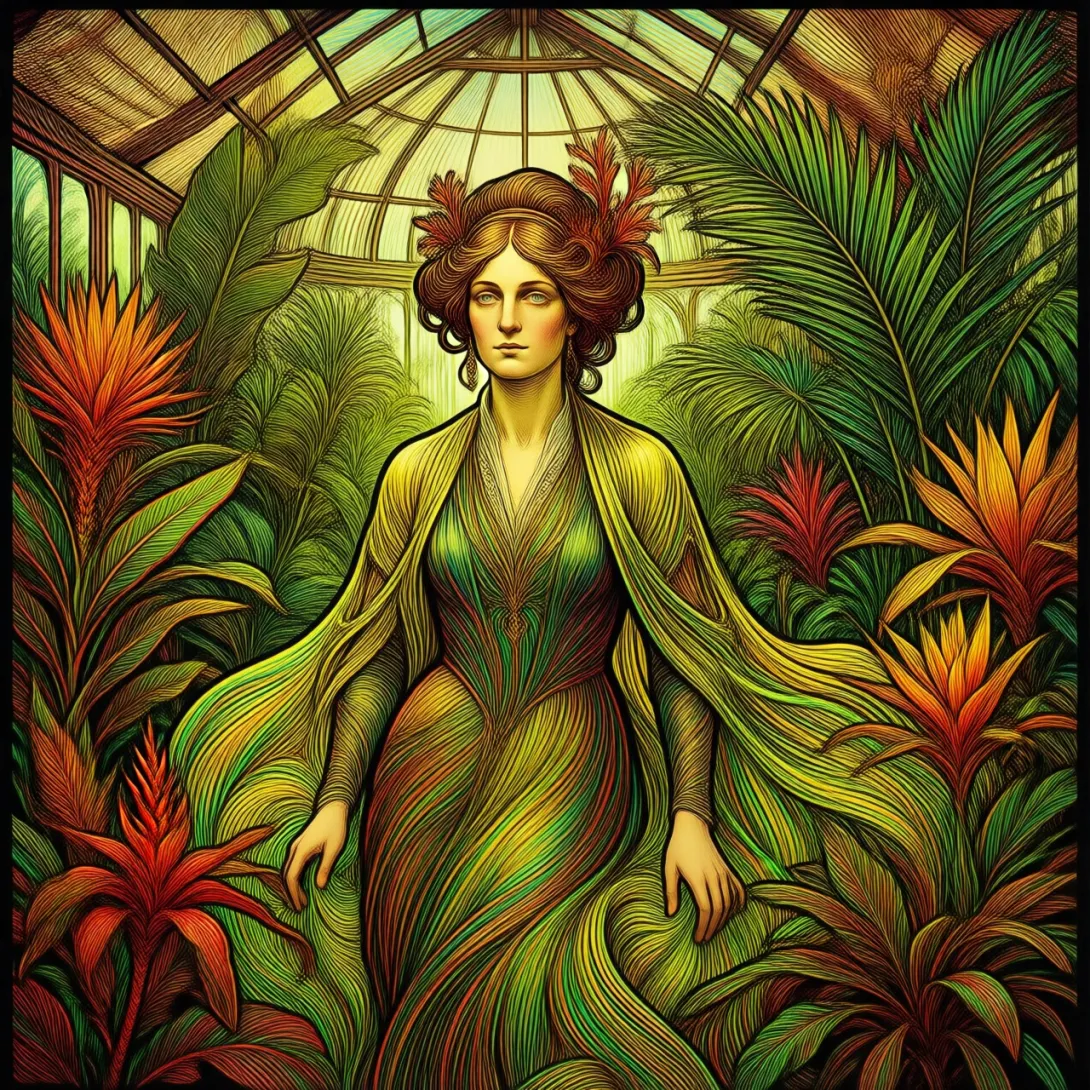 Art Nouveau painting of a female botanist surrounded by exotic plants in