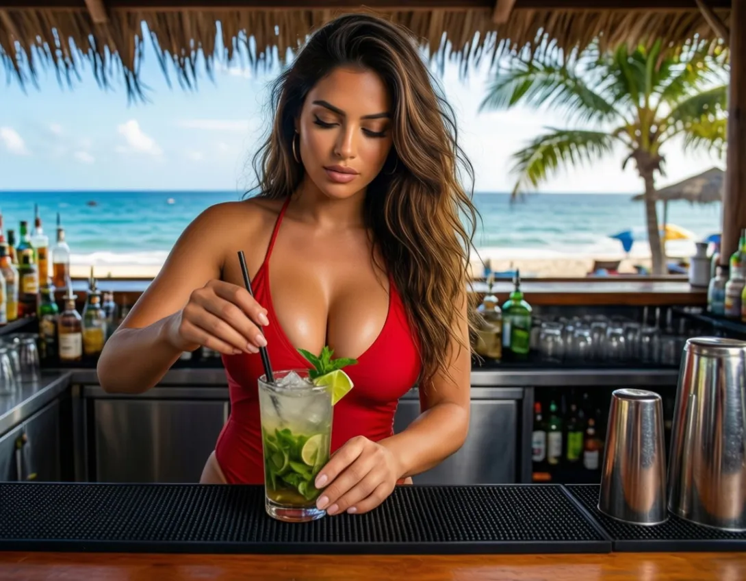 A 20yo woman making a mojito in a beach bar behind the