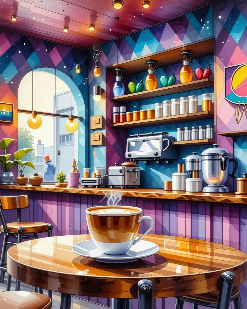 A watercolor painting of a coffee shop with surreal elements in vibrant
