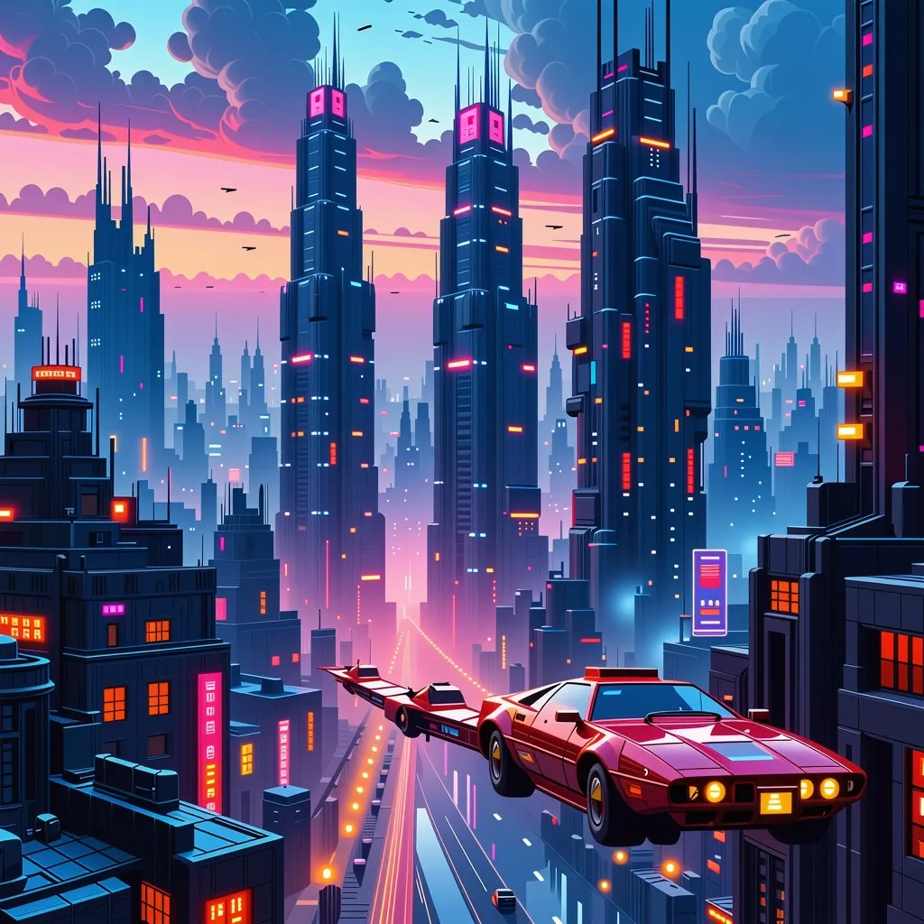 Cyberpunk cityscape with towering skyscrapers, neon signs, and flying cars