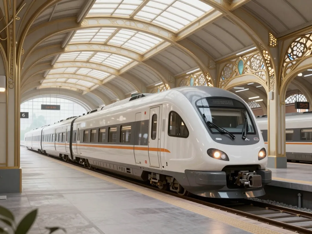 A 3D rendering of a futuristic train station in the style of