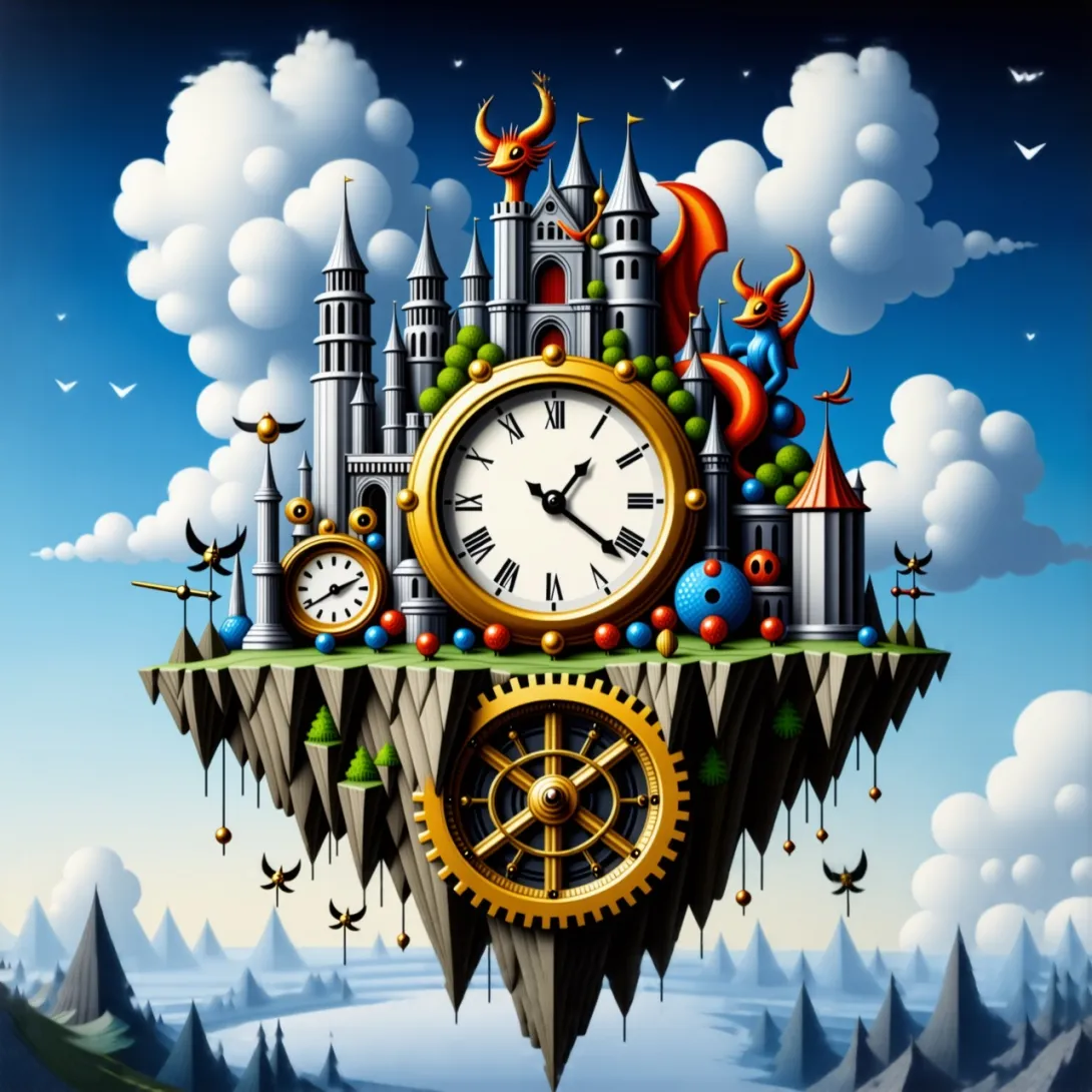 Surrealist painting of a floating island with giant clock gears, populated with