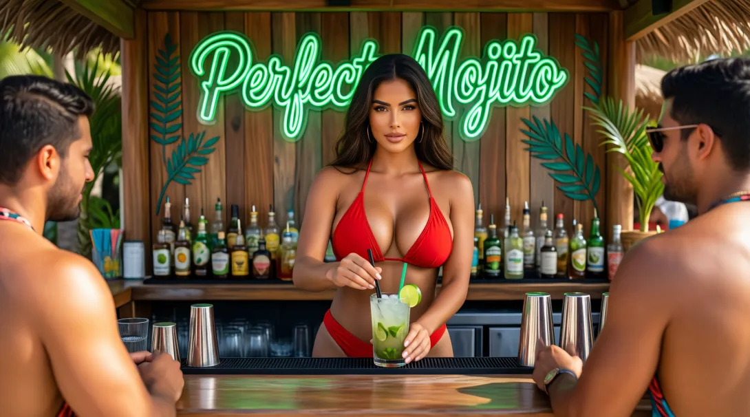 Fashion editorial style a very detailed photo of a wooden beach bar