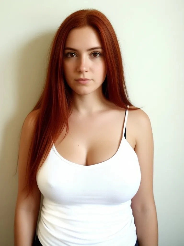 Generate an image of a young adult woman with long, straight red