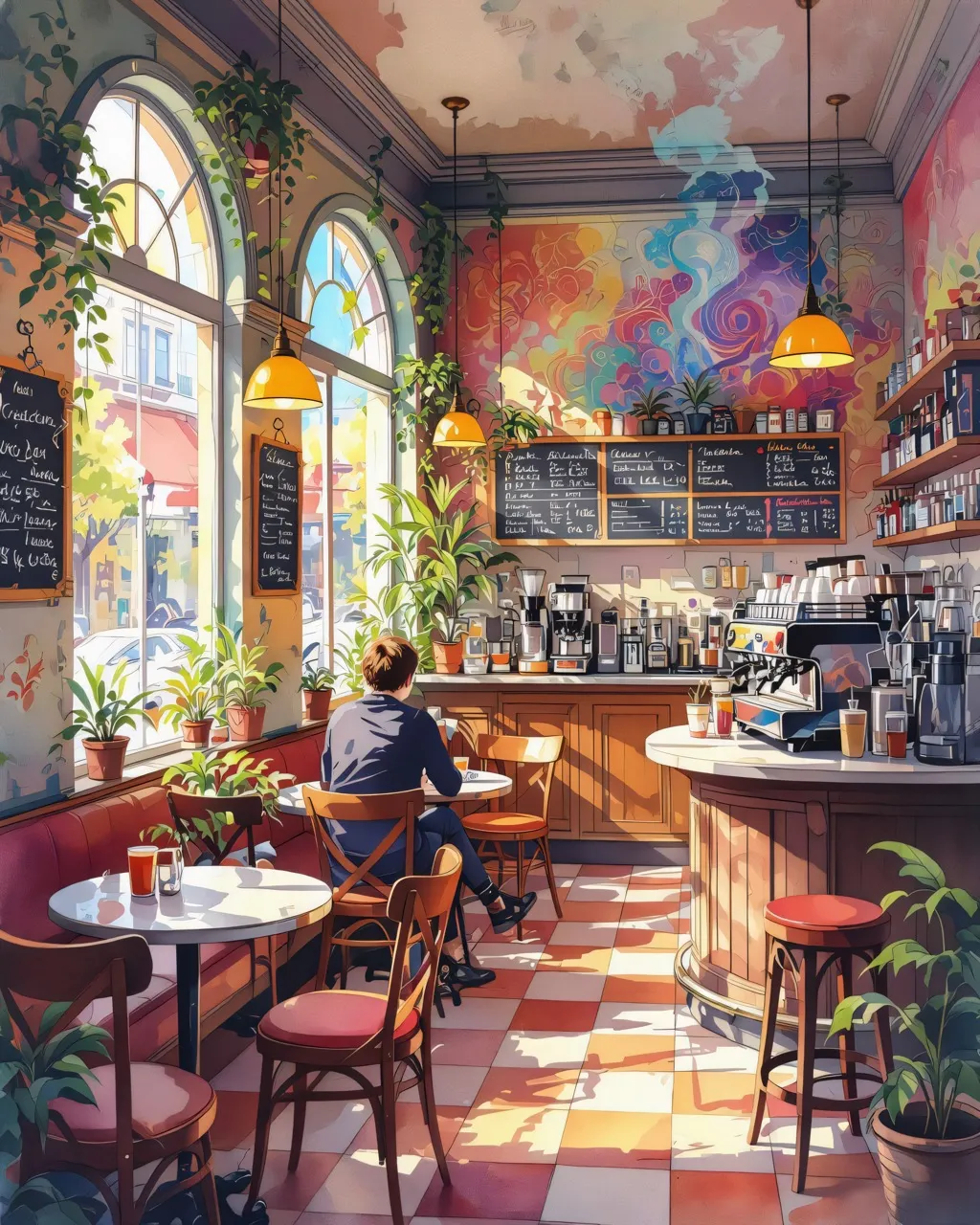 A watercolor painting of a coffee shop with surreal elements in vibrant