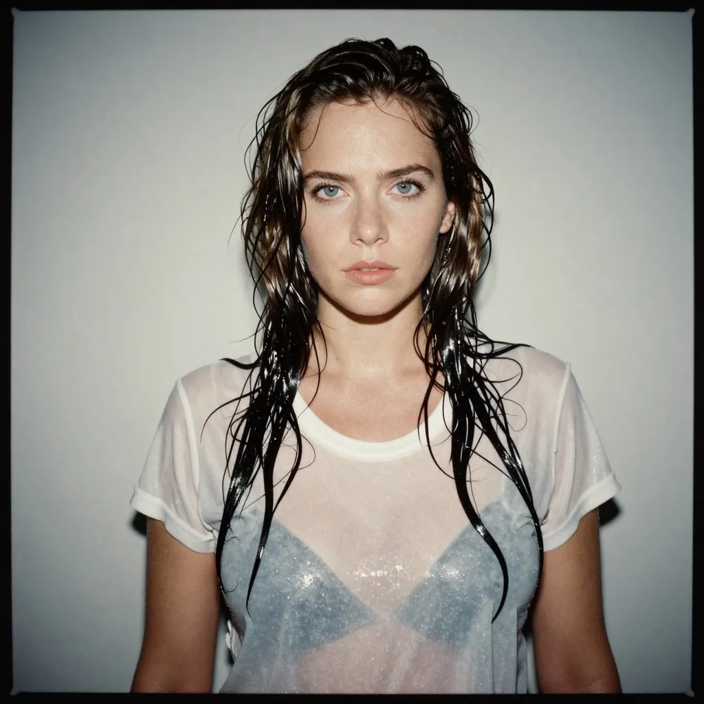 analog film photo Kat Dennings, wet t-shirt, upper body shot . faded