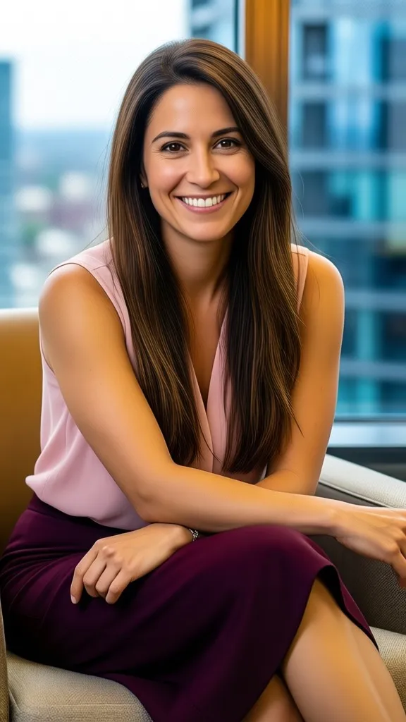 HDR photo of "A mid-20s woman with a warm, inviting smile sits