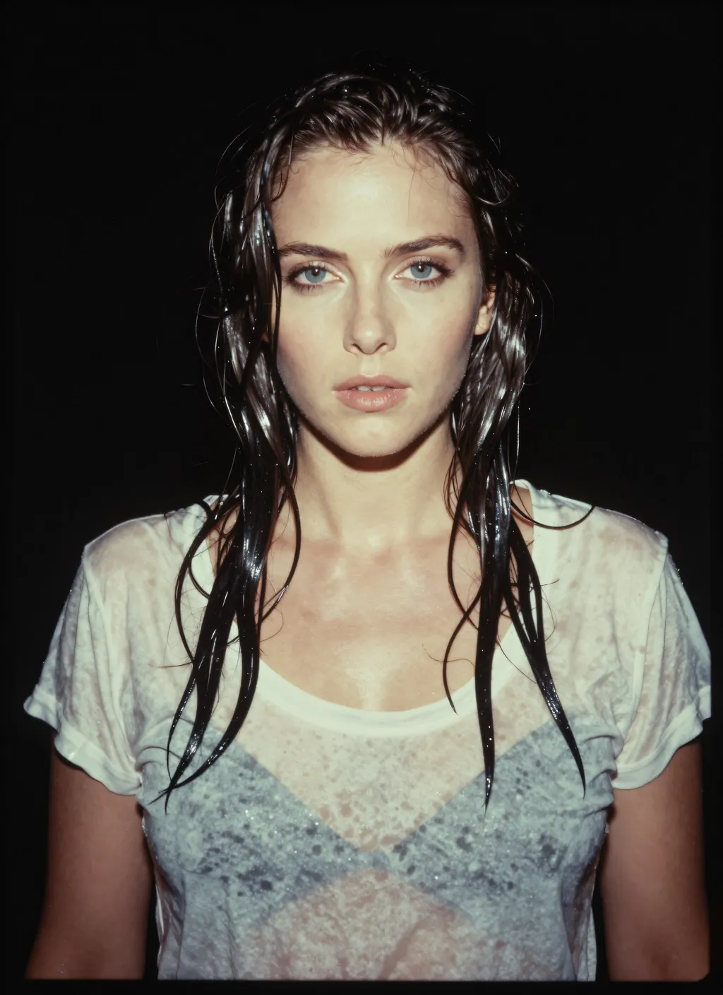 analog film photo Kat Dennings, wet t-shirt, upper body shot . faded
