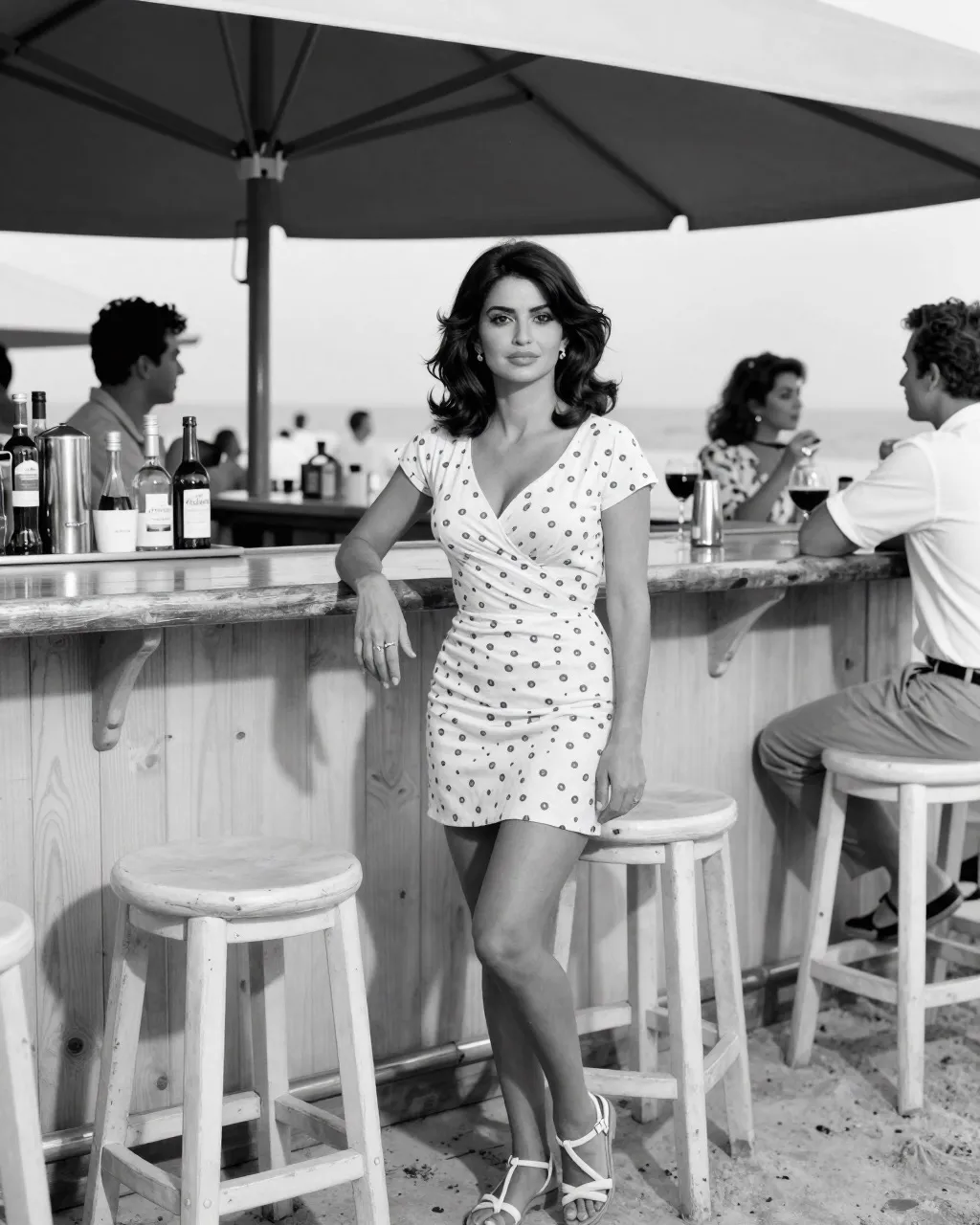 Penelope Cruz at a beach bar in the sixties. Black and White