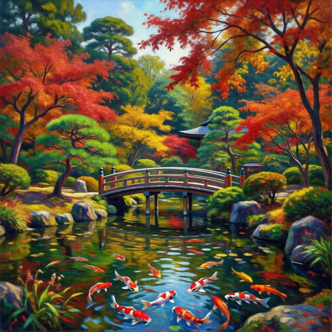 Impressionist landscape of a Japanese garden in autumn, with a bridge over
