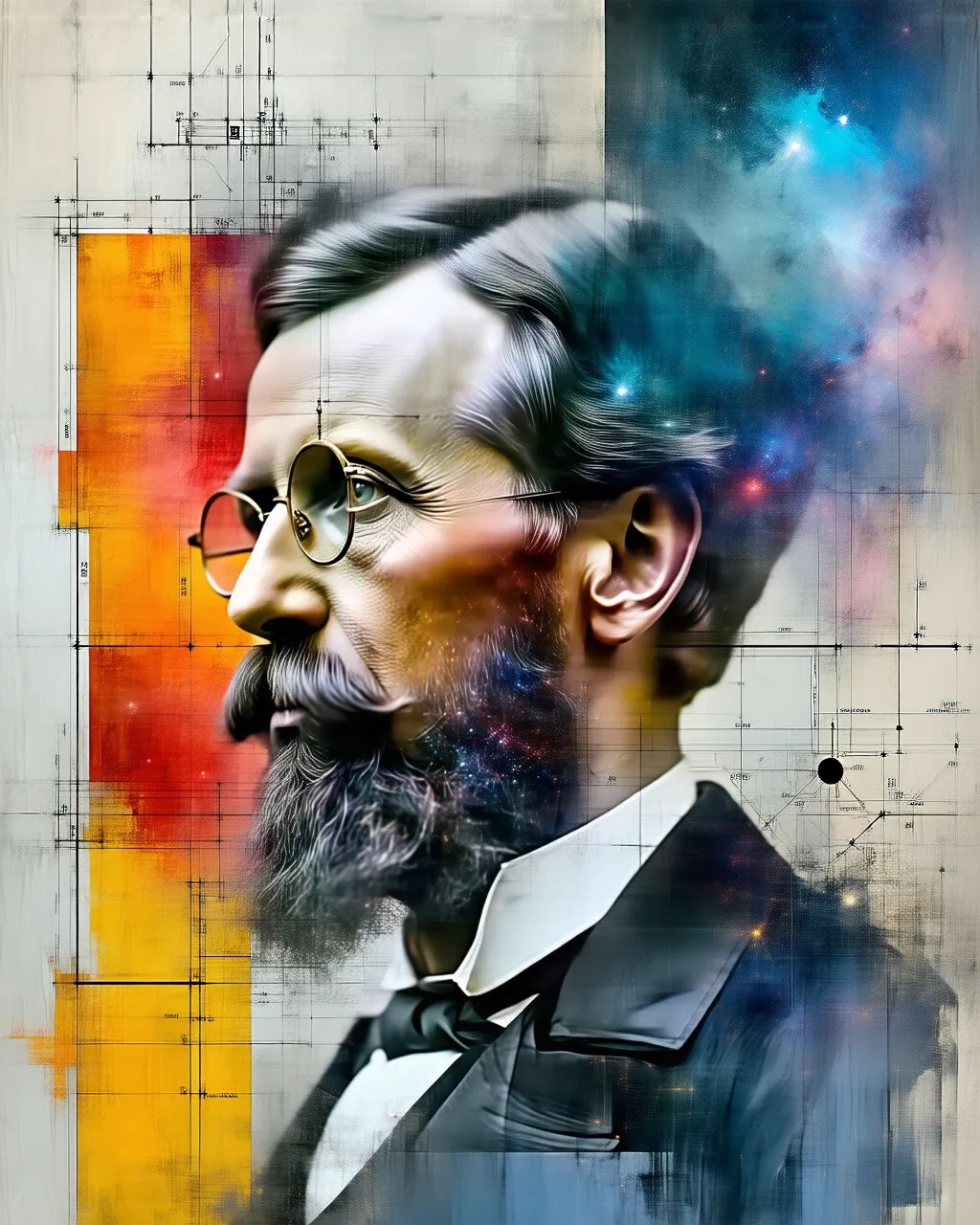 A mixed media collage of famous scientists, layered over blueprints and cosmic
