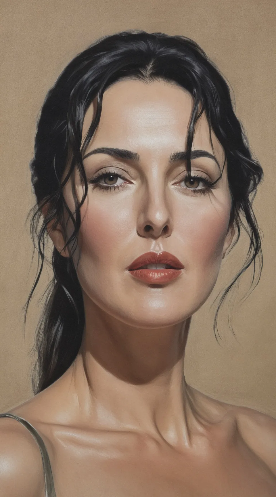 Monica Bellucci painted in the style of Georgia O’Keeffe, upper body shot