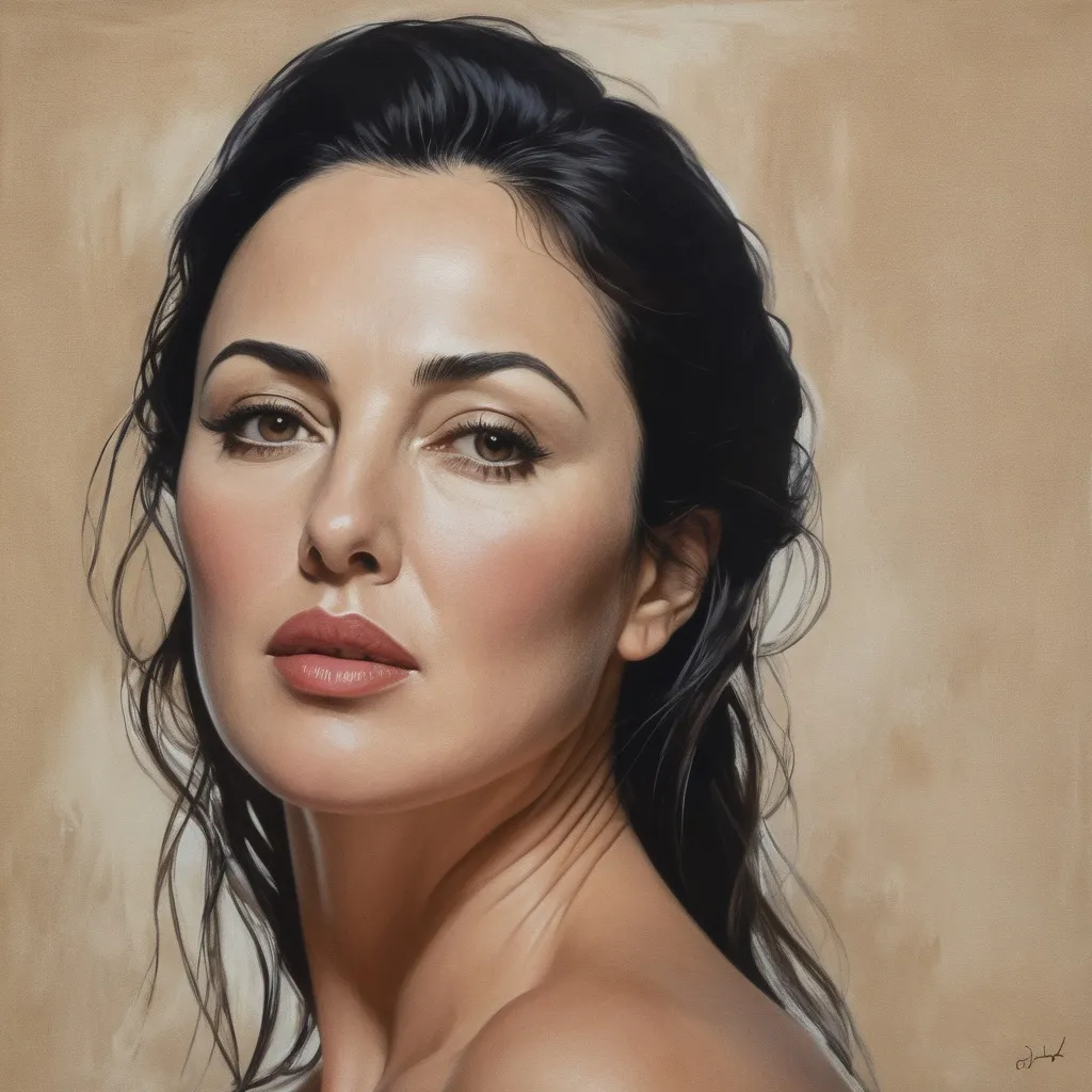 Monica Bellucci painted in the style of Georgia O’Keeffe, upper body shot