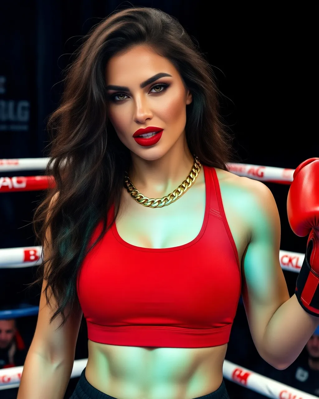 HDR photo of A woman with long, wavy dark brown hair and