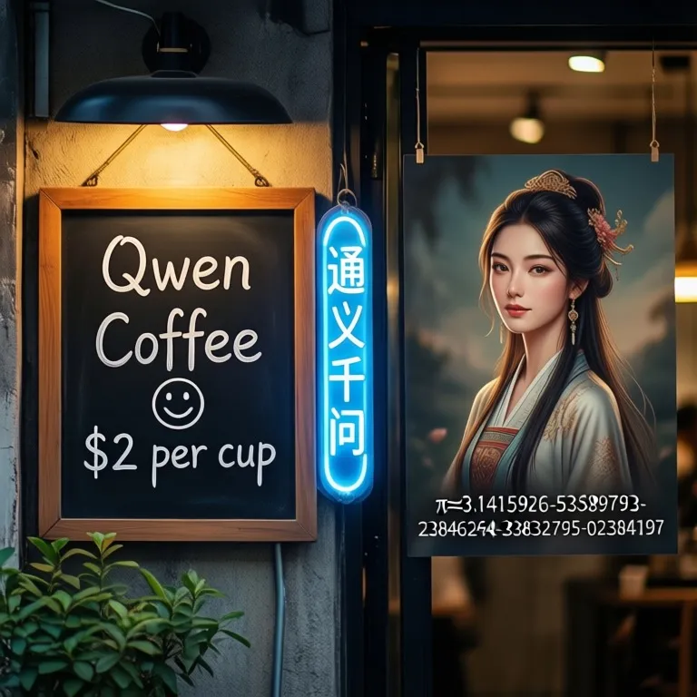 A coffee shop entrance features a chalkboard sign reading "Qwen Coffee 😊