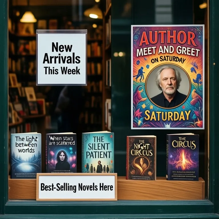 Bookstore window display. A sign displays “New Arrivals This Week”. Below, a