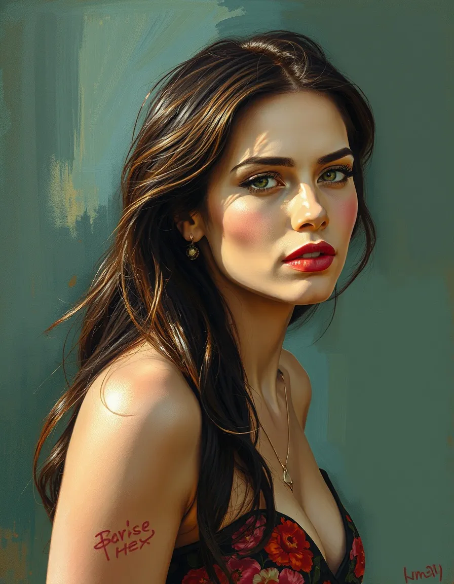 Megan Fox painted in the style of Georgia O’Keeffe, upper body shot