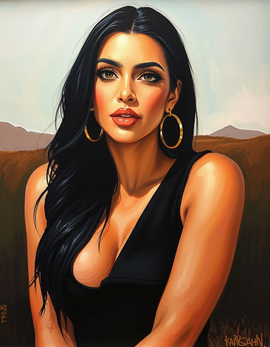 Kim Kardashian painted in the style of Georgia O’Keeffe, upper body shot