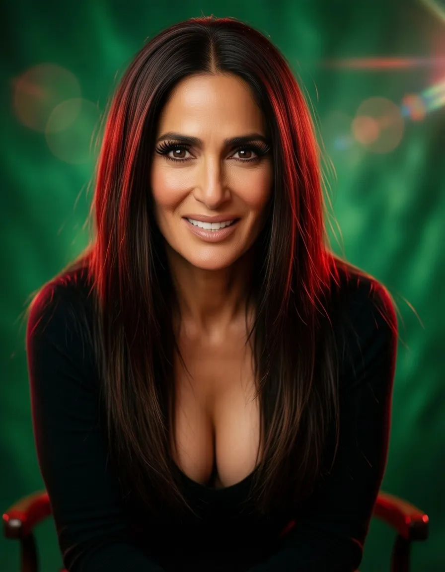 Photorealistic portrait of Salma Hayek seated in a chair straight to the