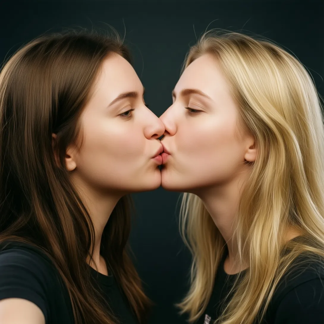A brunette woman engages in POVkissing with a blonde young woman