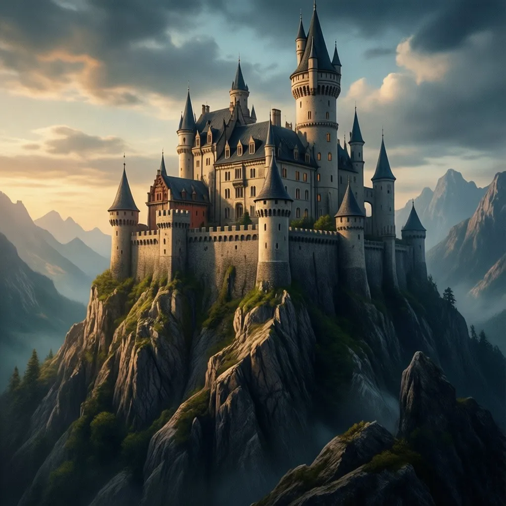 A fantasy painting of a castle sitting on top of a craggy