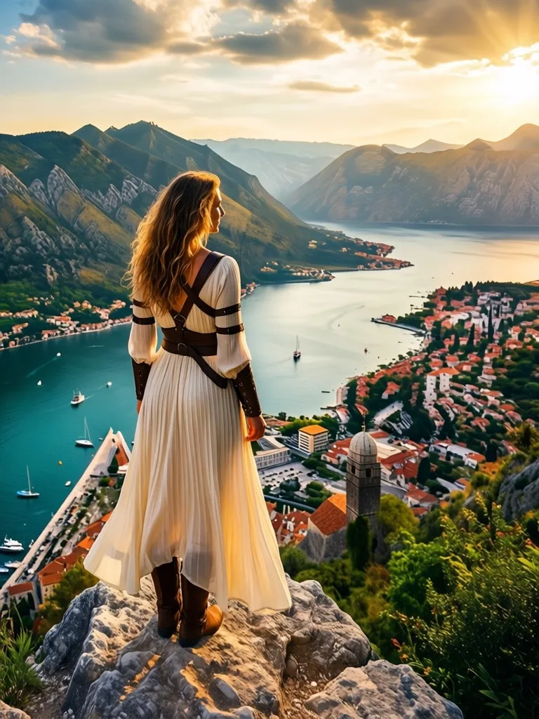 Photograph of a woman standing on a high rocky cliff overlooking a