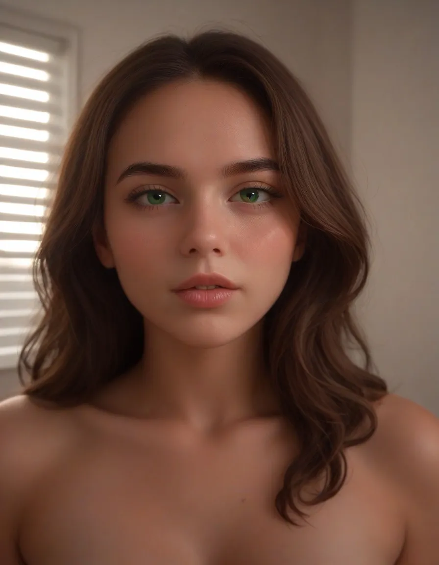 Photorealistic close-up portrait of a woman with striking green eyes and soft