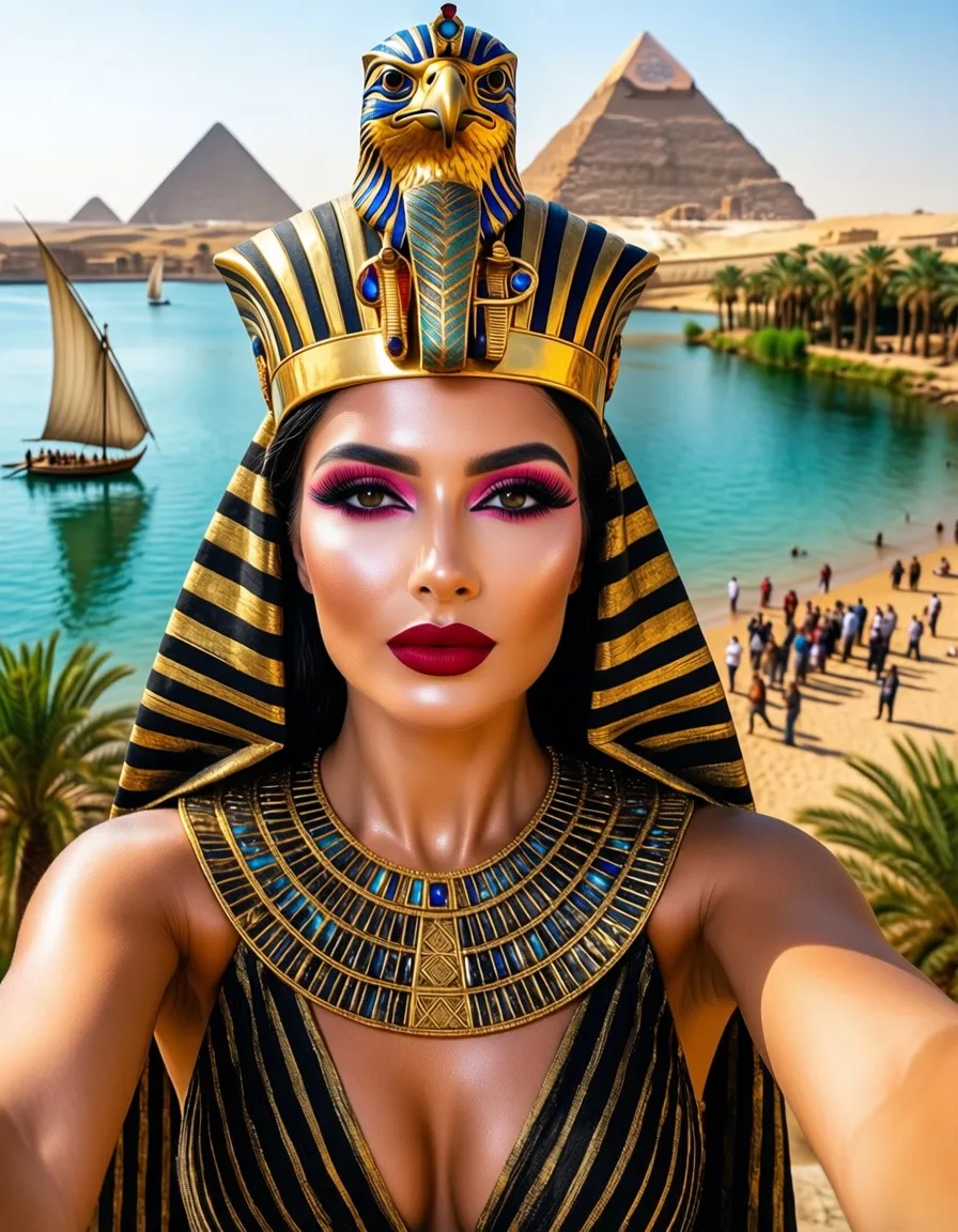 A high-angle selfie shot of a woman dressed in elaborate ancient Egyptian