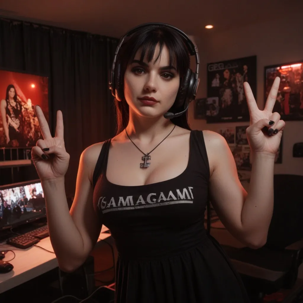 score9, score8up, score7up, photo, woman, emo, goth, brown eyes, v sign, gaming