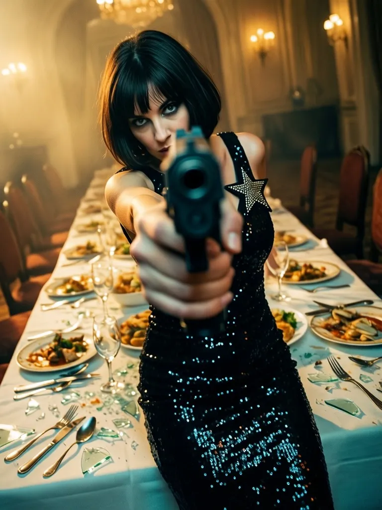 Subject: A woman with dark bobbed hair and sharp makeup lunging forward