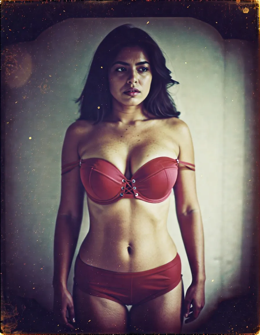 analog film photo cinematic still A latina woman with a red laced