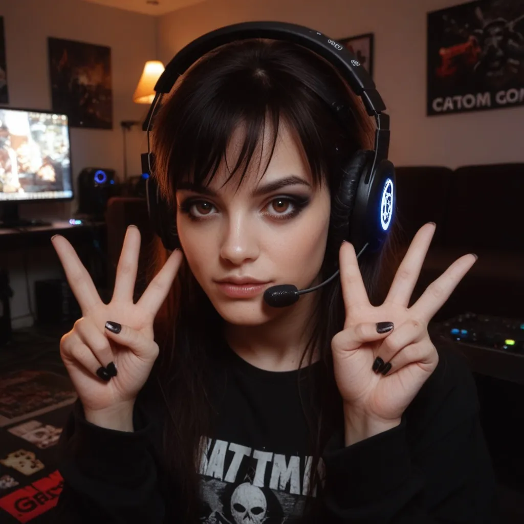 score9, score8up, score7up, photo, woman, emo, goth, brown eyes, v sign, gaming