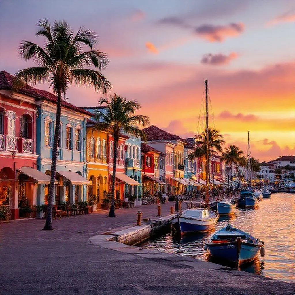 Een brede professionele foto van een koloniale havenstad in het Caribisch gebied