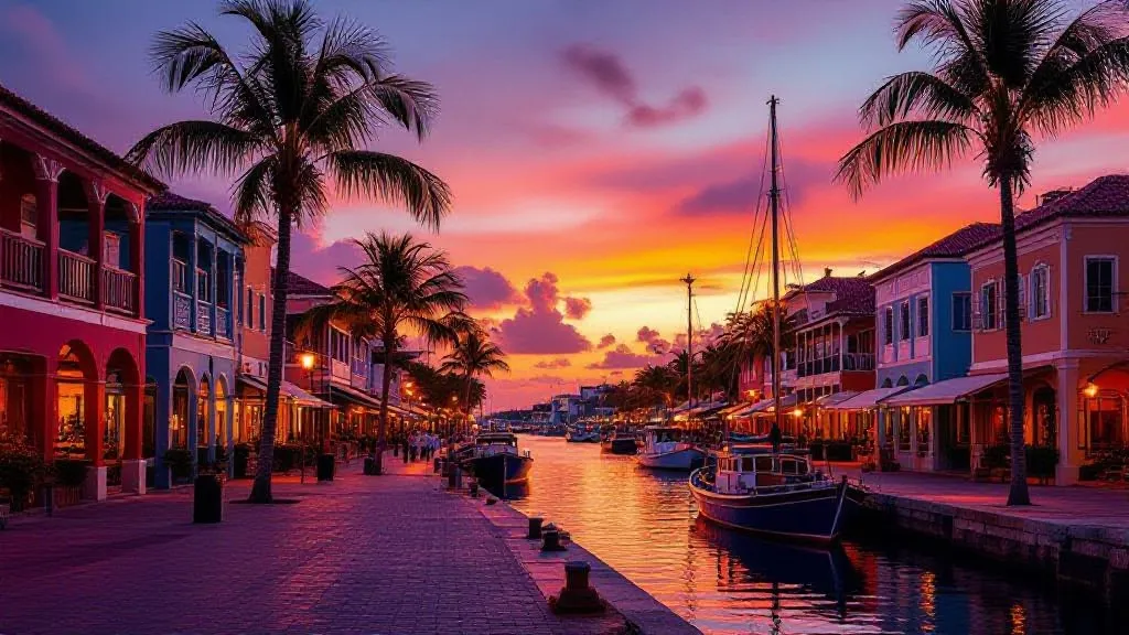 Een brede professionele foto van een koloniale havenstad in het Caribisch gebied