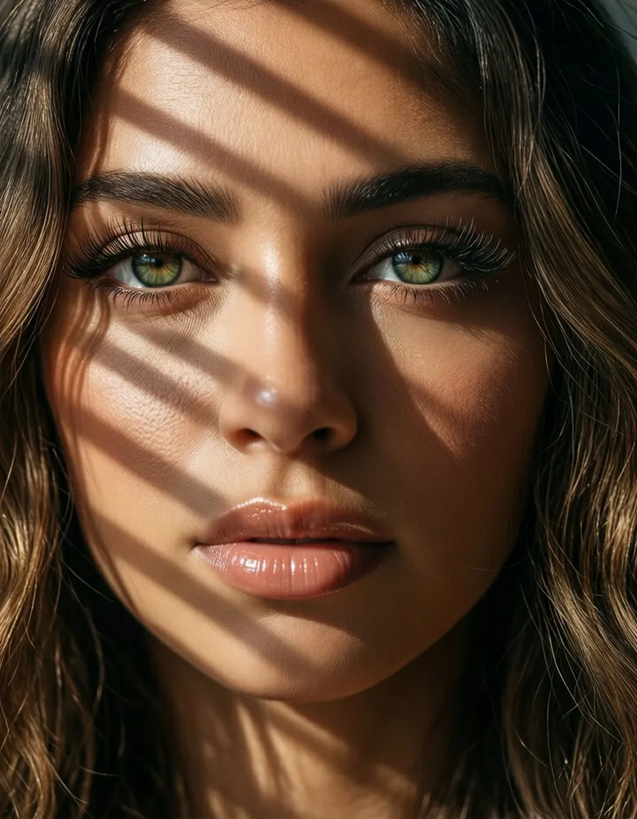 Photorealistic close-up portrait of a woman with striking green eyes and soft