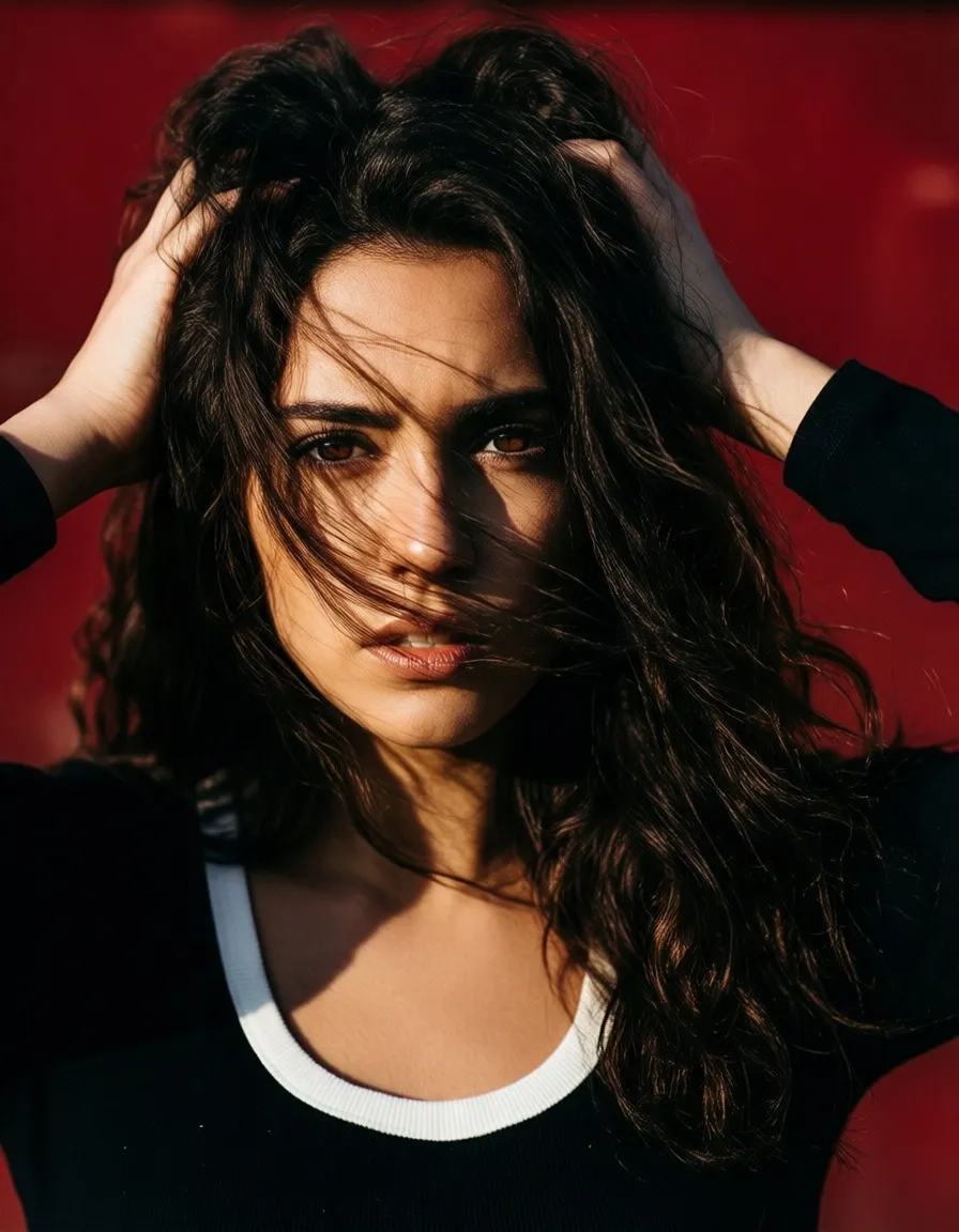 A dramatic close-up portrait of a young woman with dark wavy hair