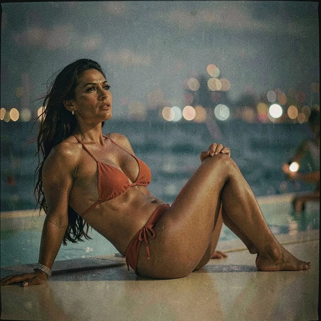 cinematic still Salma Hayek, bikini, One or both knees pulled upward ~