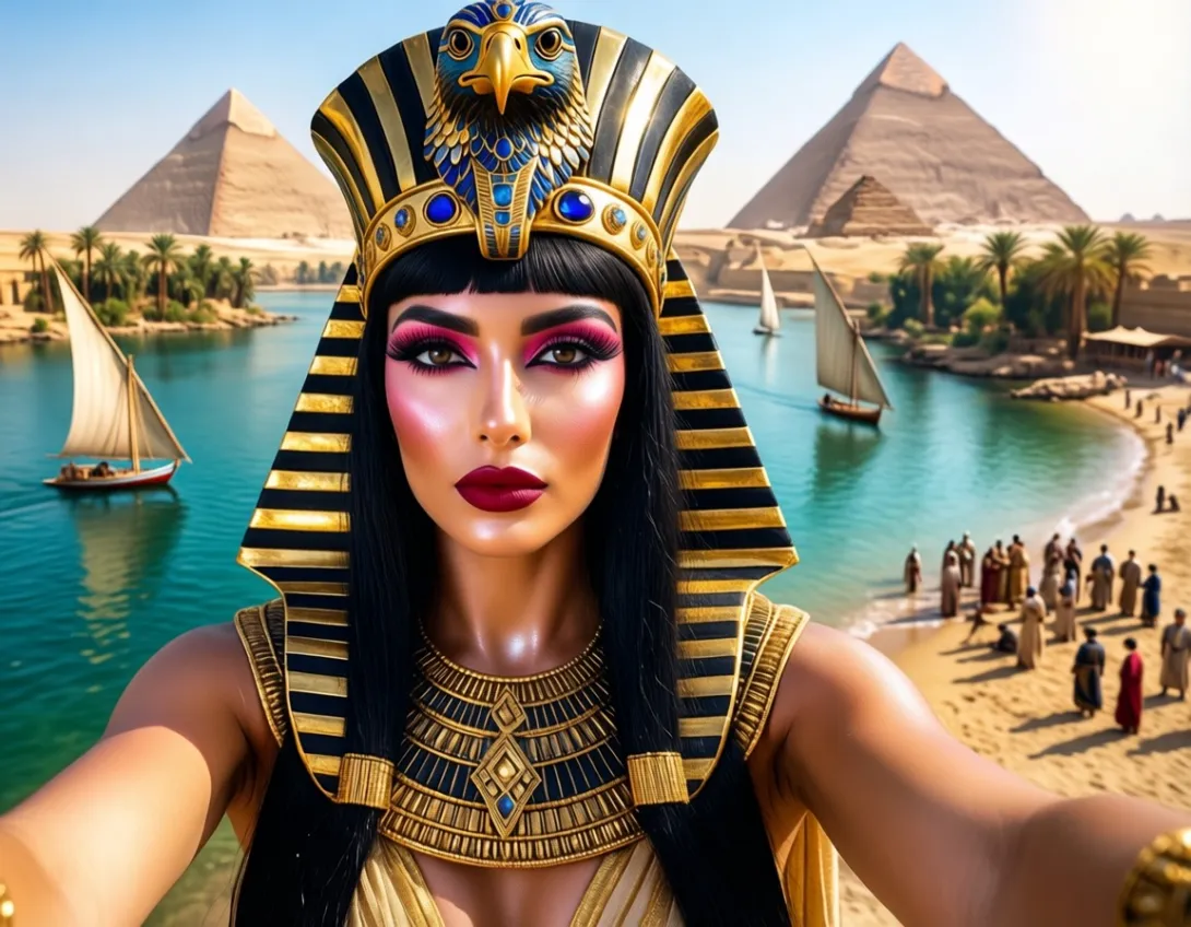 A high-angle selfie shot of a woman dressed in elaborate ancient Egyptian
