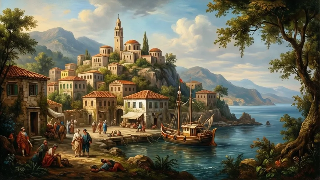 A Rococo painting of a Greek old town with a port
