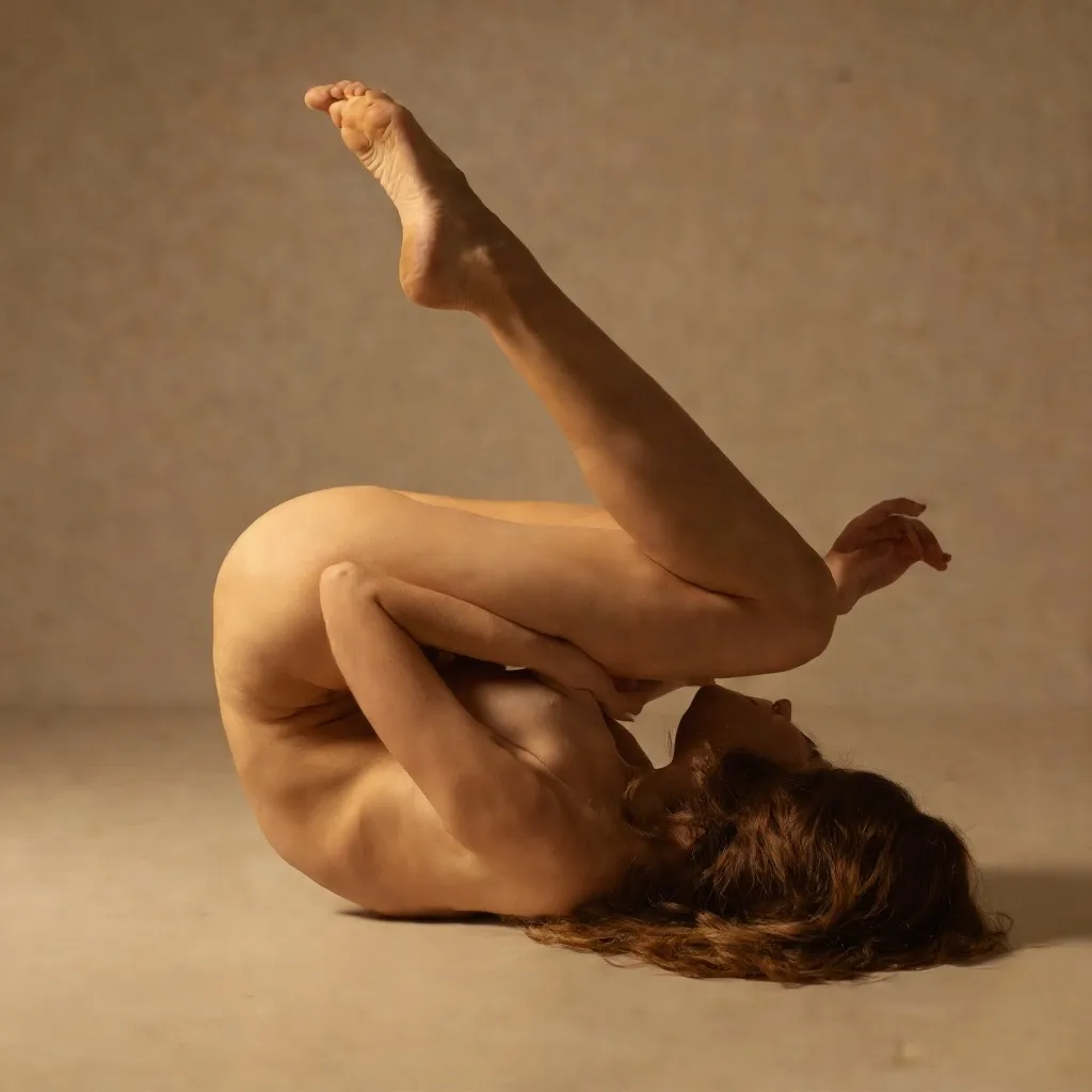 The image depicts a nude woman in a dynamic pose, with her