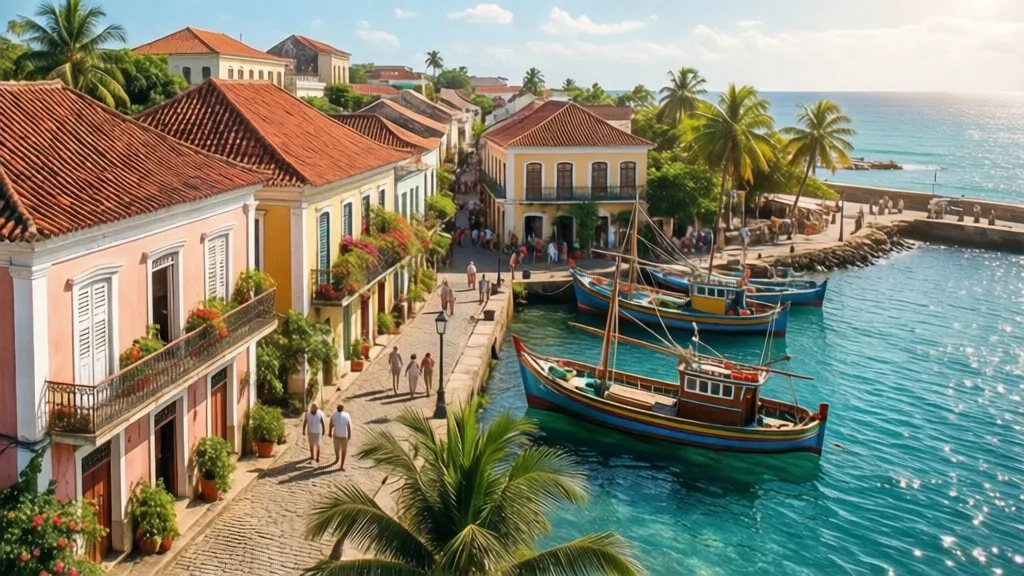 A picturesque colonial-style village situated by the sea, capturing the essence of