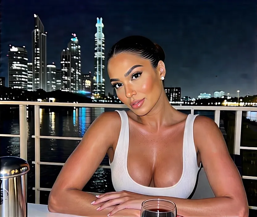 A glamorous woman posing at an outdoor rooftop restaurant with a stunning