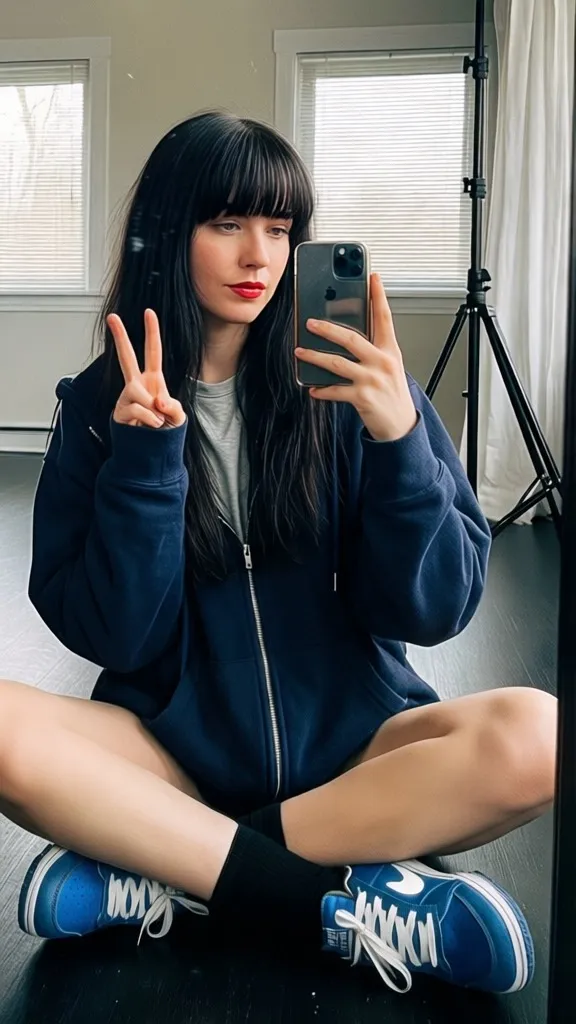 A young woman with long dark hair and bangs sits cross-legged on