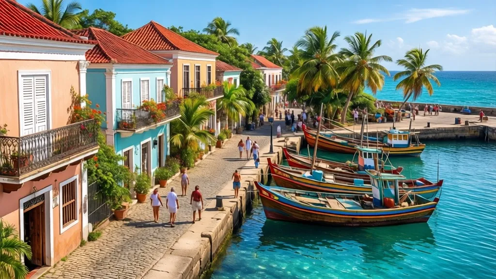 HDR photo of A picturesque colonial-style village situated by the sea, capturing