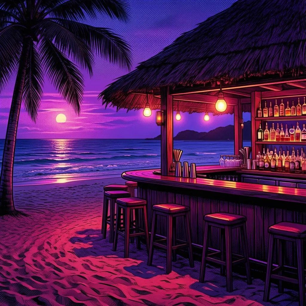 A beachfront bar at a holiday resort at nighttime with purple and